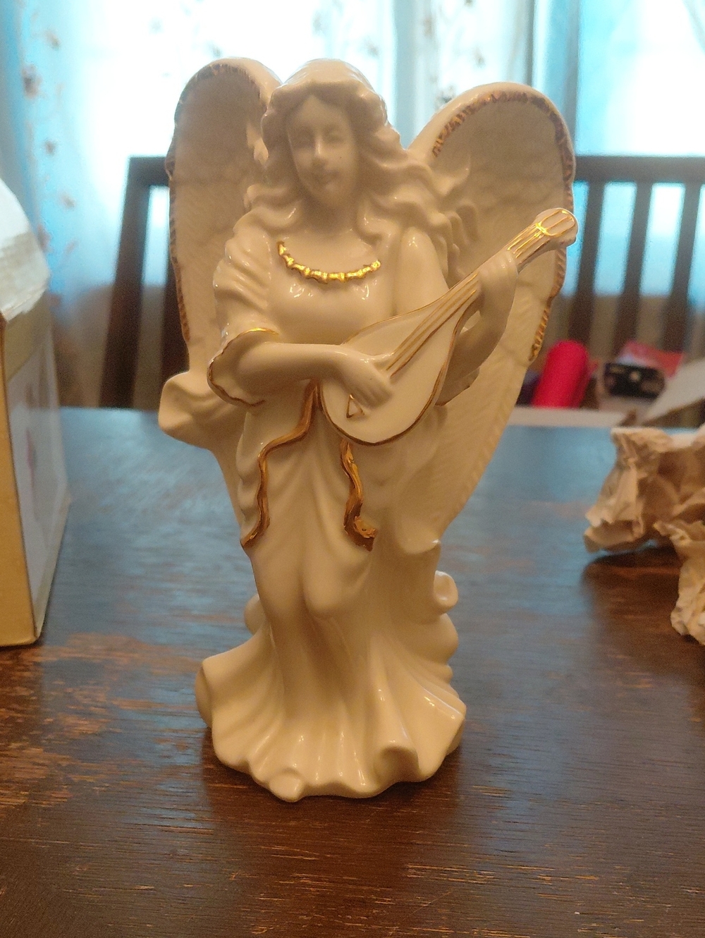Porcelain Angel Figurine Candle Stick Holder with Gold Trim - Cream